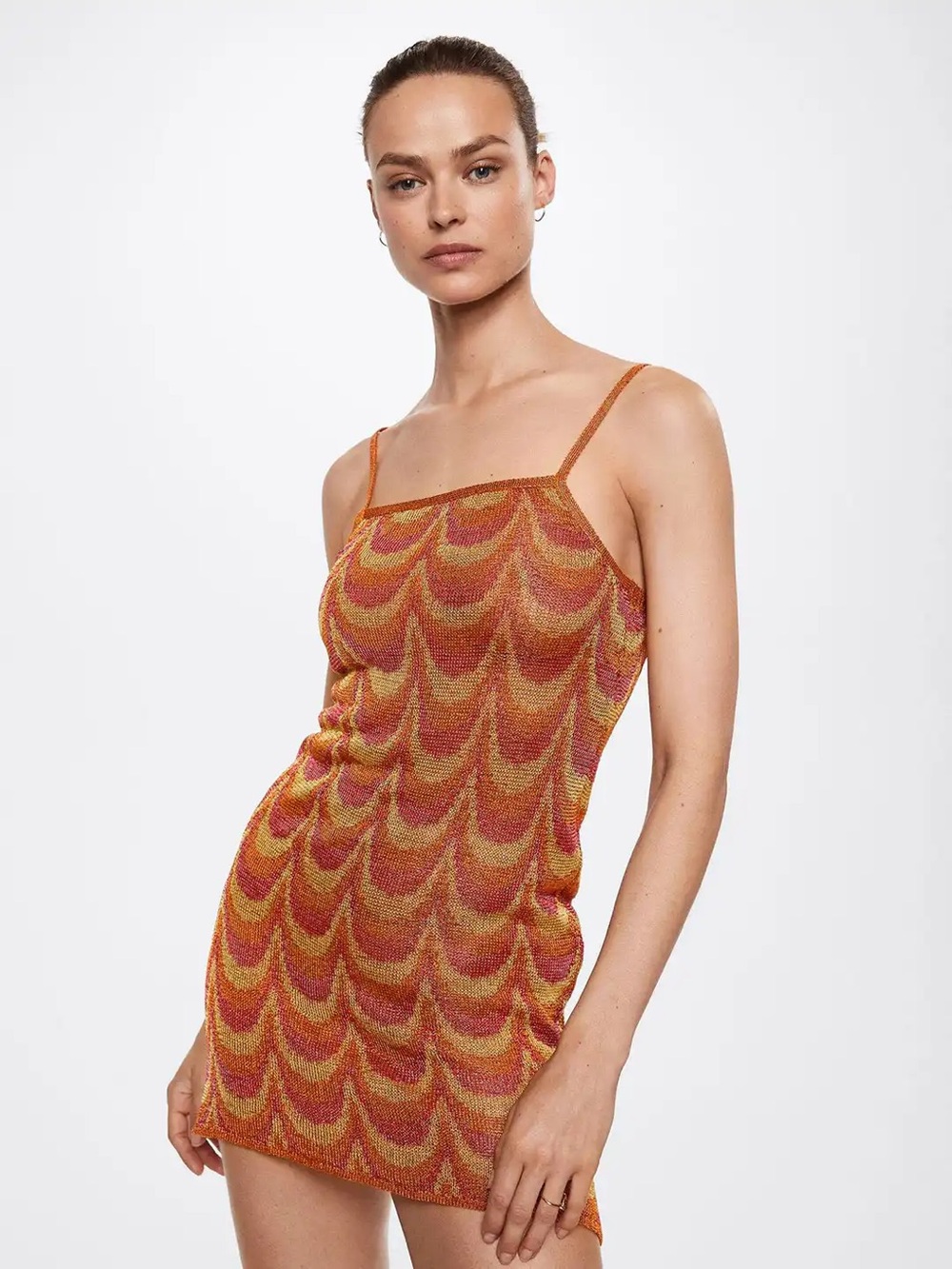 Mango Rust Orange & Pink Retro Print Bodycon Mini Dress